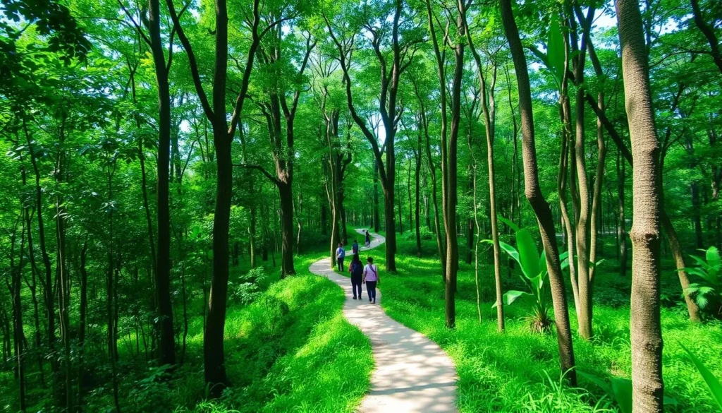 Hiking trail through Himchari National Park with tourists exploring the forest Hiking trail through Himchari National Park with tourists exploring the forest