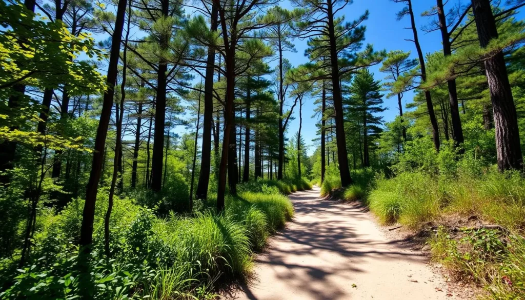 Hiking trail through the forested dunes in Saugatuck Dunes State Park Hiking trail through the forested dunes in Saugatuck Dunes State Park
