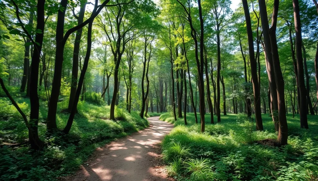 Hiking trail through the sal forest in Kadigarh National Park with sunlight filtering through trees