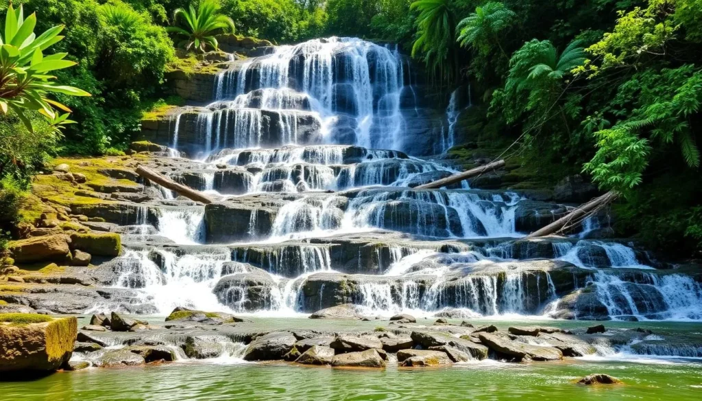 Himchari Waterfall cascading down rocky terrain surrounded by lush forest Himchari Waterfall cascading down rocky terrain surrounded by lush forest
