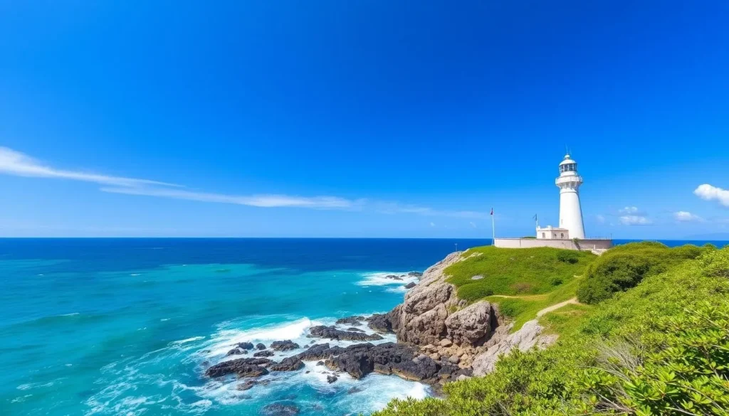Hirakubosaki Lighthouse on Ishigaki Island with ocean views and tropical landscape Hirakubosaki Lighthouse on Ishigaki Island with ocean views and tropical landscape