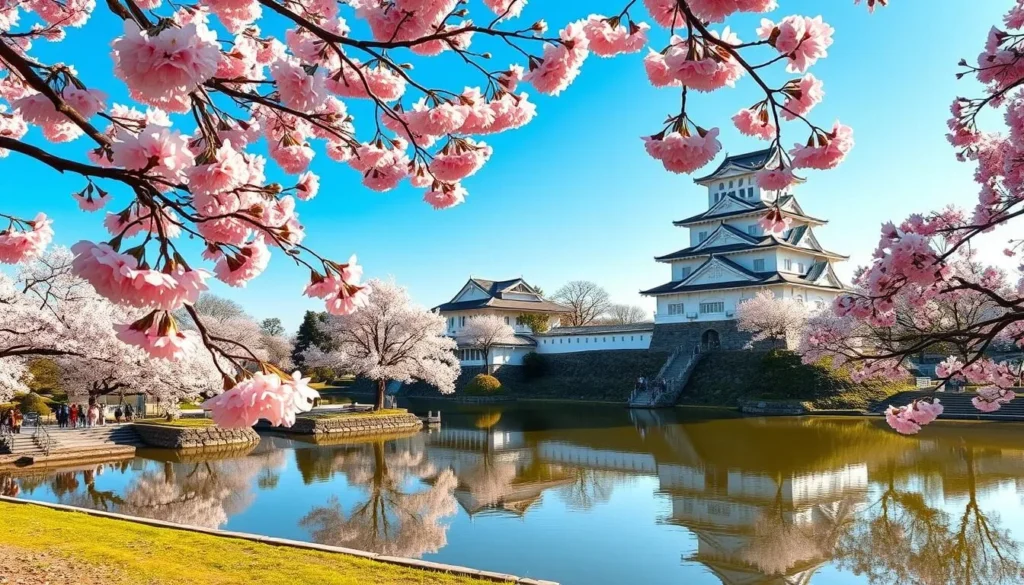 Hiroshima Castle with cherry blossoms surrounding the moat in spring Hiroshima Castle with cherry blossoms surrounding the moat in spring