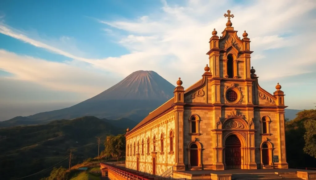 Historic Daraga Church (Our Lady of the Gate Parish) in Albay, Bicol, Philippines with Mayon Volcano visible in the background Historic Daraga Church (Our Lady of the Gate Parish) in Albay, Bicol, Philippines with Mayon Volcano visible in the background
