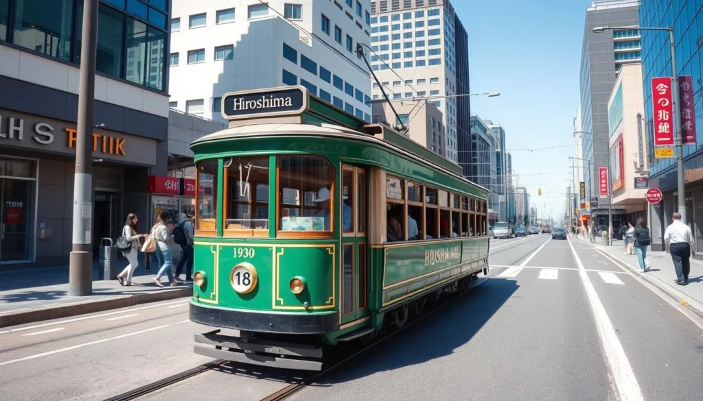Historic Hiroshima streetcar (tram) passing through downtown with passengers boarding Historic Hiroshima streetcar (tram) passing through downtown with passengers boarding