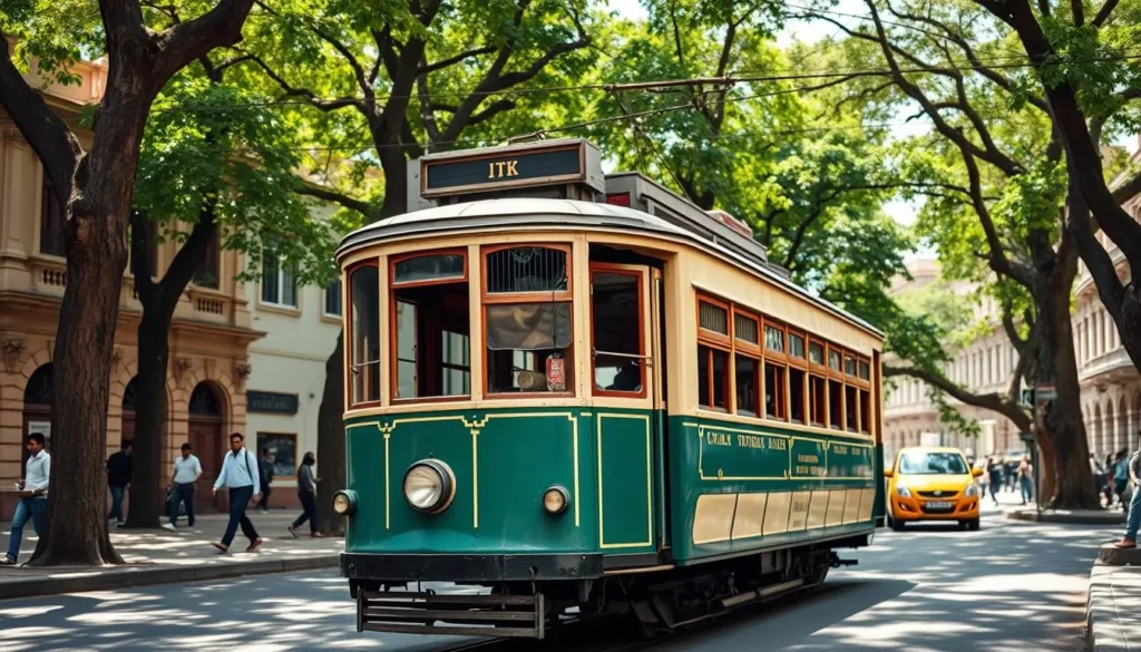 Historic Kolkata tram moving through a tree-lined street with colonial buildings in the background Historic Kolkata tram moving through a tree-lined street with colonial buildings in the background