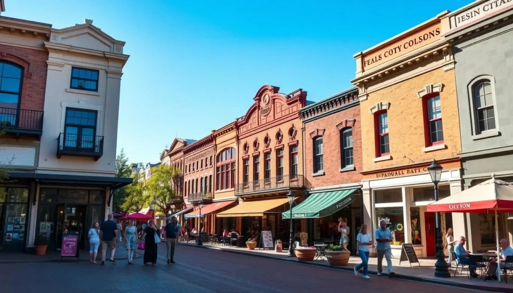Historic downtown Folsom with preserved 19th century buildings and shops Historic downtown Folsom with preserved 19th century buildings and shops