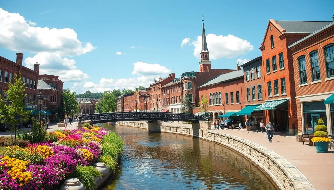 Historic downtown Frederick Maryland with brick buildings, charming storefronts, and Carroll Creek Linear Park