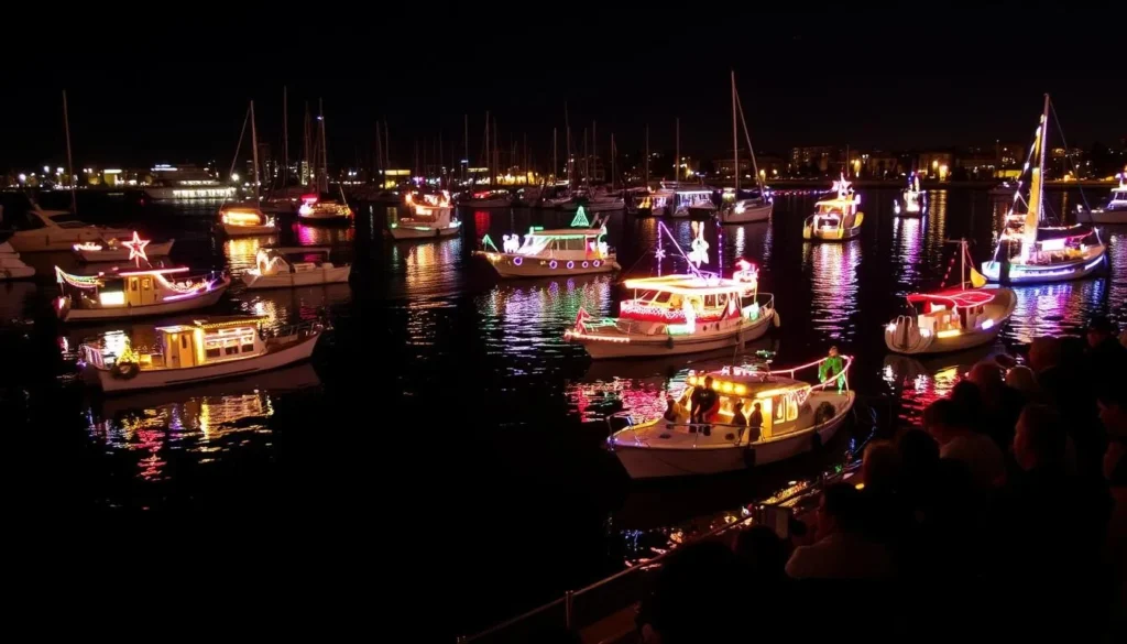 Holiday Boat Parade in Marina del Rey with decorated boats lit up at night, a seasonal highlight among things to do in Marina del Rey, California