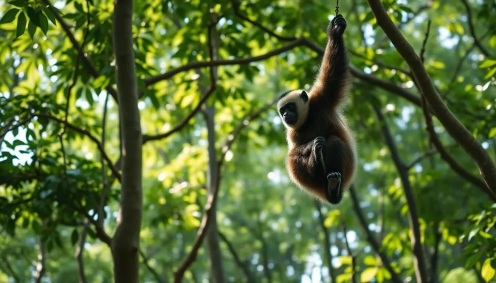 Hoolock gibbon swinging through trees in Lawachara National Park near Baikka Beel
