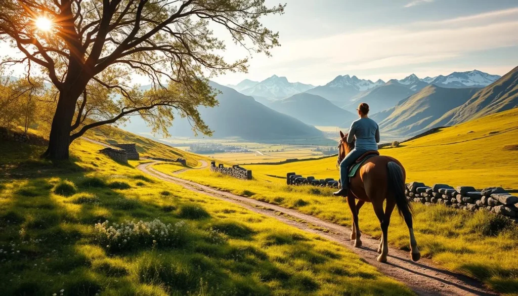 Horseback riding adventure through the picturesque landscapes of Rogaland, Norway. A serene trail winds through verdant meadows, dotted with wildflowers and ancient stone walls. In the distance, majestic mountains rise, their peaks capped with snow. The rider, atop a strong, majestic steed, trots along the path, taking in the fresh, crisp air and the breathtaking scenery. Warm sunlight filters through the canopy of trees, casting a golden glow over the entire scene. The mood is one of tranquility, adventure, and a deep connection with the natural world.