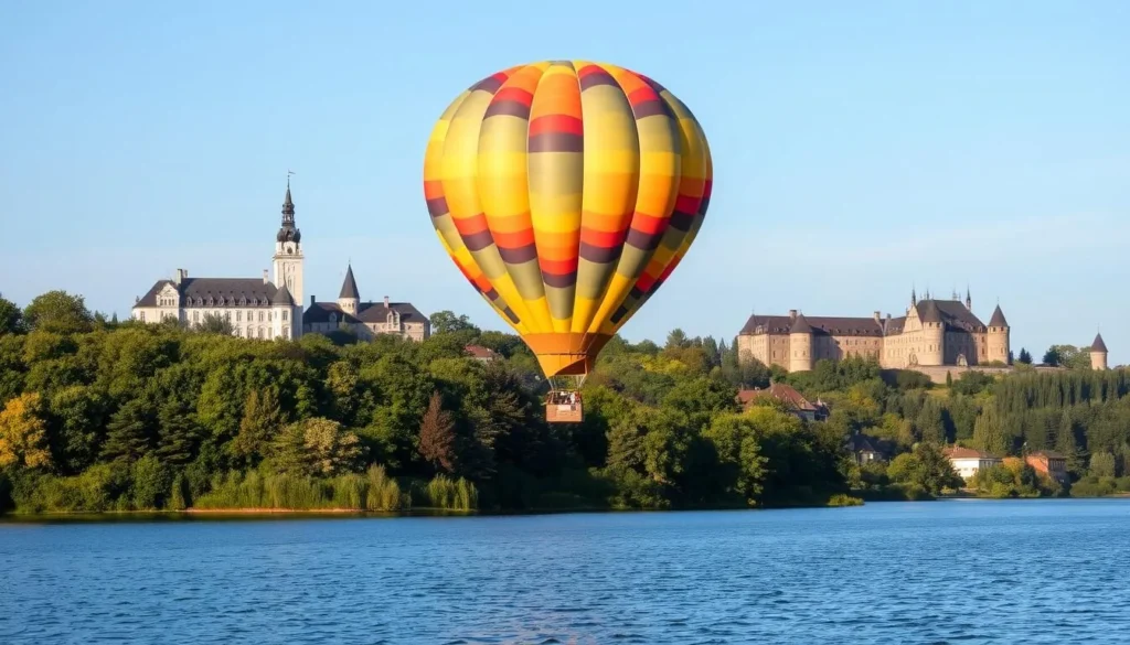 Hot air balloon flying over Trakai Lake