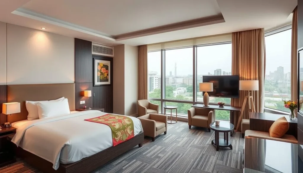 Hotel room interior in Sylhet with modern amenities and traditional decor elements