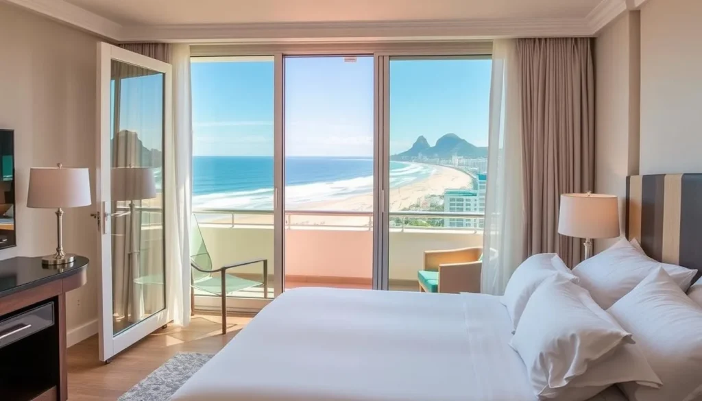 Hotel room with a balcony overlooking Copacabana Beach in Rio de Janeiro
