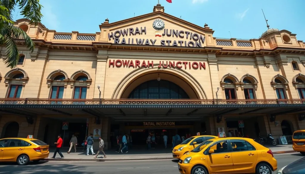 Howrah Junction railway station in Kolkata with its historic facade and busy entrance area Howrah Junction railway station in Kolkata with its historic facade and busy entrance area