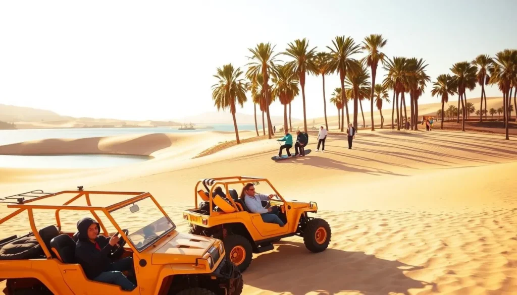Huacachina, a picturesque desert oasis in Peru, offers diverse transportation options. In the foreground, a fleet of vibrant, sand-colored dune buggies awaits adventurous travelers, ready to navigate the undulating sand dunes. In the middle ground, a group of people ride atop sturdy, custom-built sand boards, gliding effortlessly down the golden slopes. In the background, the serene, azure lagoon is surrounded by towering palm trees, creating a serene and inviting atmosphere. The scene is bathed in warm, golden sunlight, accentuating the natural beauty of this unique destination. Capture the spirit of Huacachina's dynamic transportation options through this visually compelling image.