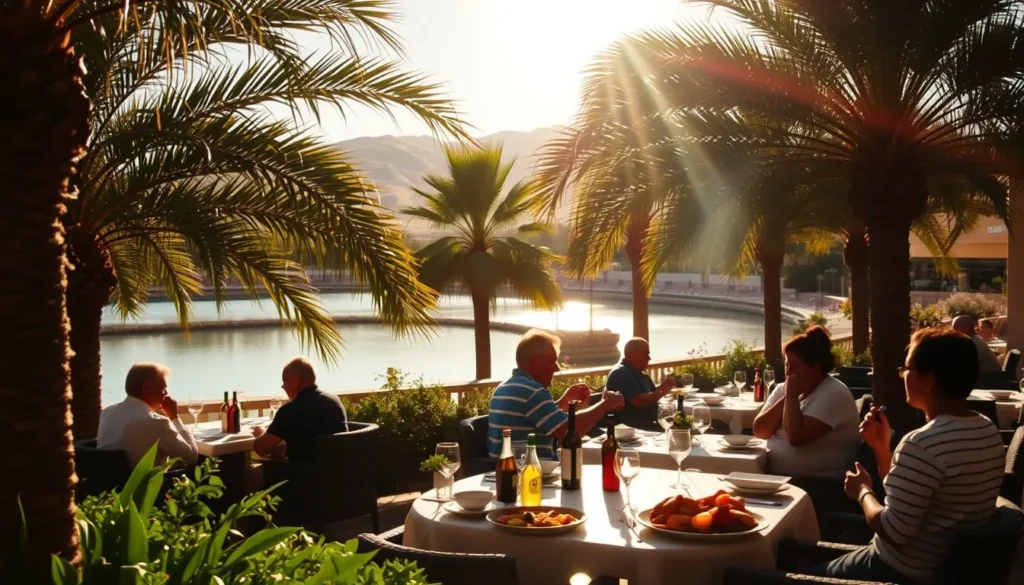 Huacachina oasis, a lush green haven nestled amidst towering sand dunes. Capture the tranquil scene of an outdoor dining terrace, where diners savor local Peruvian delicacies under the warm, golden light of the afternoon sun. Lush palm trees sway gently, casting soft shadows across the table settings. In the distance, the serene lagoon reflects the surrounding landscape, creating a picturesque and inviting atmosphere. A subtle breeze carries the aroma of freshly grilled seafood and sizzling vegetables, enticing the senses. The overall mood is one of relaxation and indulgence, perfectly encapsulating the essence of Huacachina's culinary offerings.