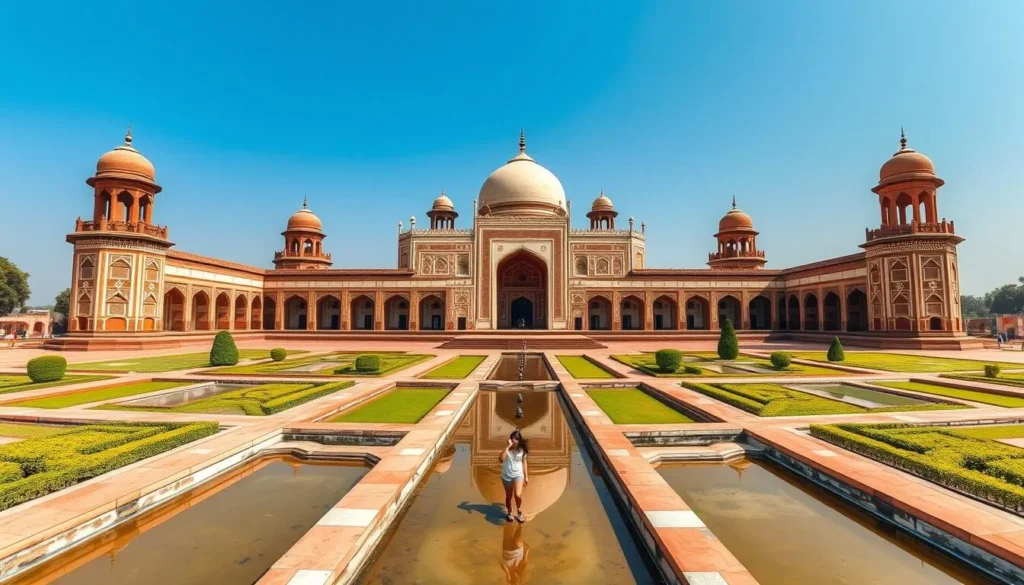 Humayun's Tomb with its symmetrical gardens and water channels on a clear day Humayun's Tomb with its symmetrical gardens and water channels on a clear day