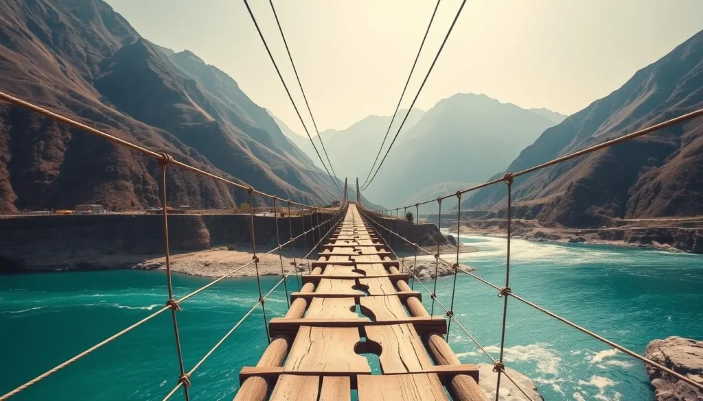 Hussaini Suspension Bridge over Hunza River with mountains in background