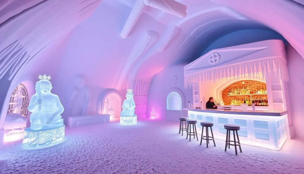 ICEHOTEL in Jukkasjärvi with intricate ice sculptures and a frozen Ice Bar