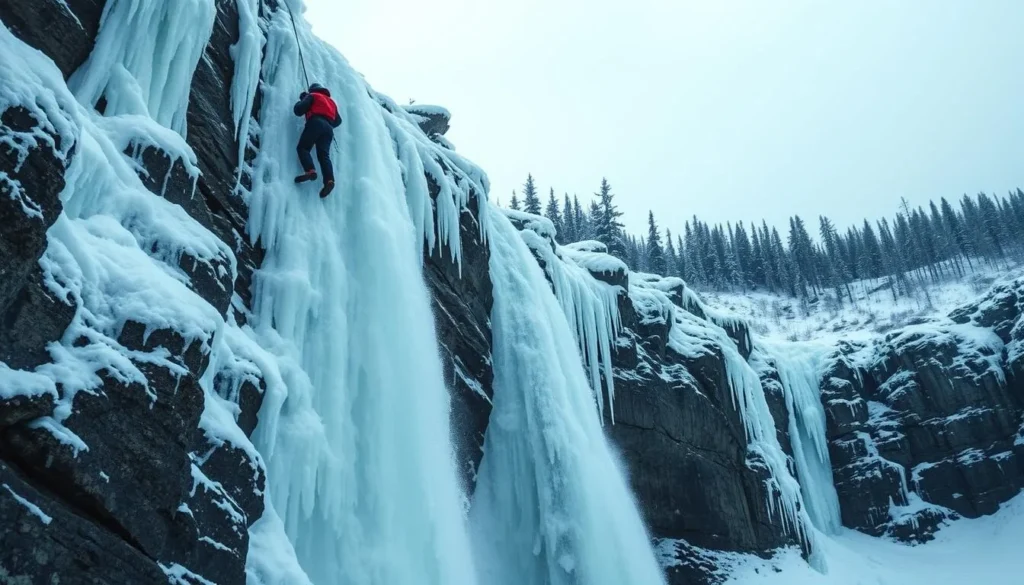 Ice climber ascending a frozen waterfall in Korouoma, Finland