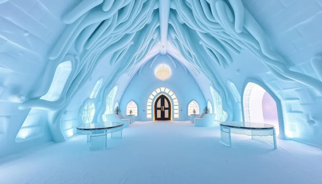 Ice hotel in Lapland with intricate ice sculptures