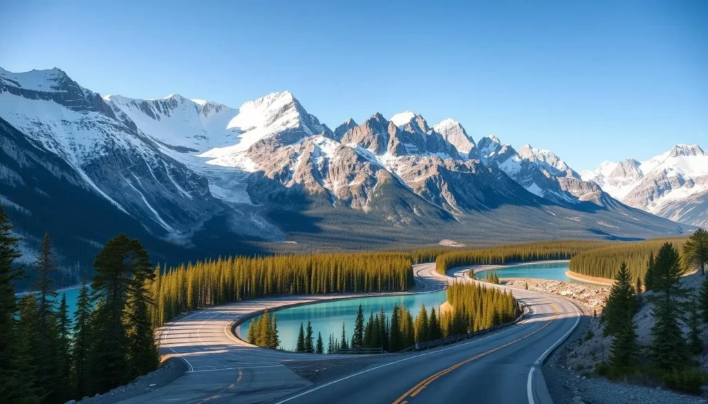 Icefields Parkway, a majestic highway winding through the heart of the Canadian Rockies. Capture the grandeur of towering snow-capped peaks, their jagged silhouettes reflected in turquoise glacial lakes. Showcase the lush, evergreen forests lining the roadsides, with sunlight filtering through the branches. Depict a winding, two-lane road, flanked by rugged cliffs and dotted with iconic viewpoints, inviting the viewer to embark on an unforgettable journey. Employ a cinematic, wide-angle perspective to immerse the viewer in the breathtaking landscape, conveying a sense of scale and awe. Evoke a serene, tranquil atmosphere, with soft, diffused lighting and a clear, azure sky, showcasing the untamed beauty of this Canadian natural wonder.