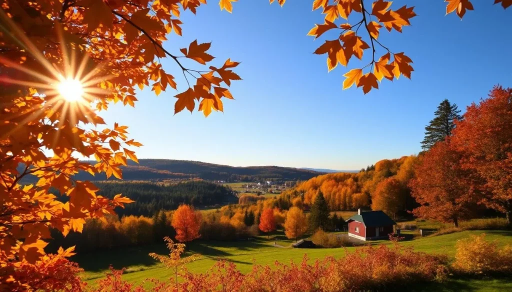 Idyllic countryside in Södermanland, Sweden during the best season. Vibrant autumnal foliage in the foreground, rolling hills and lush forests in the middle ground, with a clear blue sky overhead. Warm, golden sunlight filters through the leaves, casting a cozy glow. A picturesque rural landscape, with traditional red wooden houses and a quaint village in the distance. Capture the harmony of nature and the tranquil atmosphere that invites exploration and relaxation. Soft, dreamlike focus and a serene, welcoming mood.