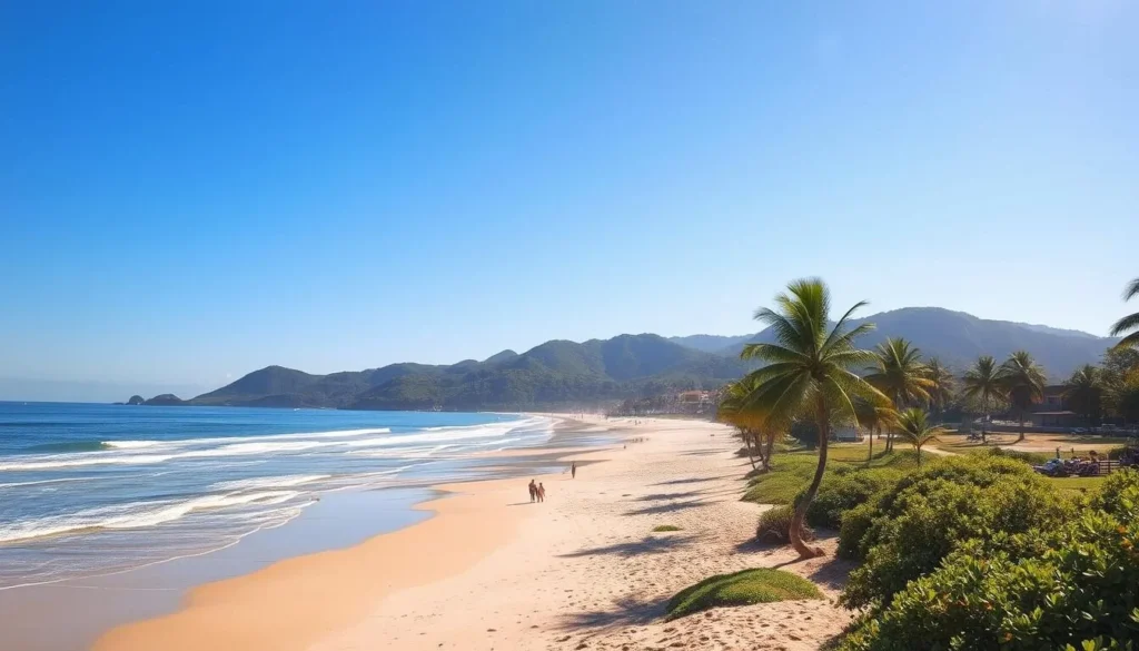 Ilha Comprida, a picturesque coastal town in Brazil, bathed in warm, golden sunlight. Capture the serene beach landscape, with gentle waves lapping at the shore and palm trees swaying in the soft breeze. In the middle ground, beachgoers stroll along the pristine, sandy expanse, enjoying the perfect weather. The background features lush, verdant hills and a clear, azure sky, creating a tranquil and inviting atmosphere. Use a wide-angle lens to showcase the expansive scenery, and employ soft, natural lighting to convey the idyllic mood of this stunning seaside destination. Ilha Comprida, a picturesque coastal town in Brazil, bathed in warm, golden sunlight. Capture the serene beach landscape, with gentle waves lapping at the shore and palm trees swaying in the soft breeze. In the middle ground, beachgoers stroll along the pristine, sandy expanse, enjoying the perfect weather. The background features lush, verdant hills and a clear, azure sky, creating a tranquil and inviting atmosphere. Use a wide-angle lens to showcase the expansive scenery, and employ soft, natural lighting to convey the idyllic mood of this stunning seaside destination.