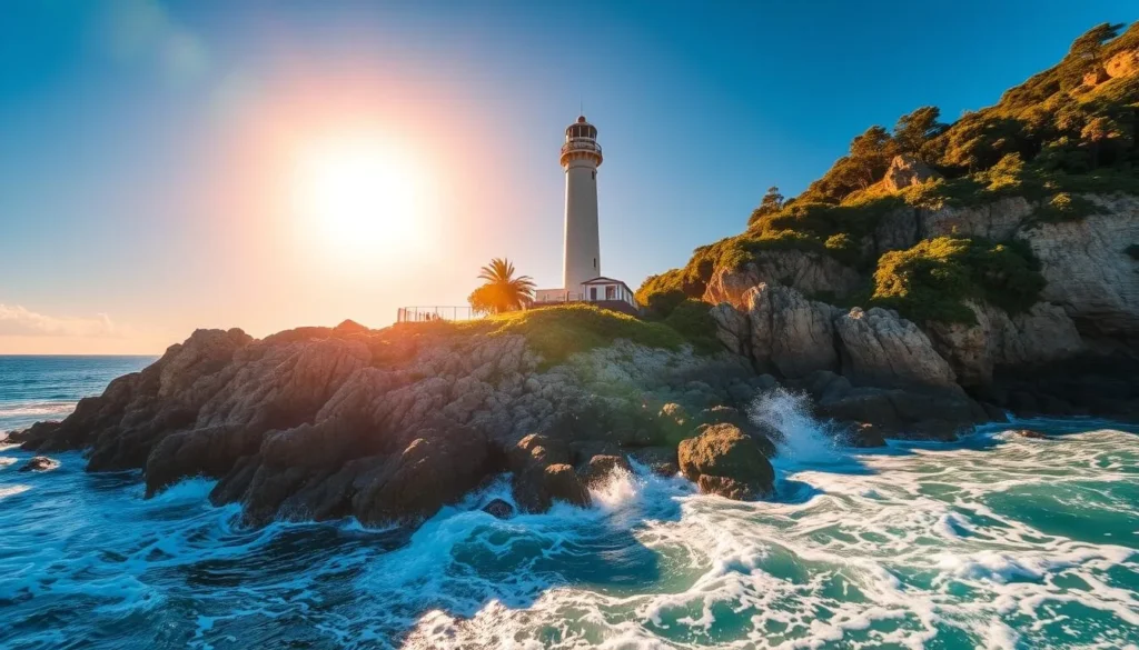 Ilha do Farol, a picturesque island off the coast of Brazil, with a towering lighthouse at its heart. Capture the scene through a wide-angle lens, showcasing the rugged cliffs, crashing waves, and lush vegetation that surround the iconic structure. The warm, golden light of a clear day bathes the scene, casting long shadows and highlighting the intricate textures of the rocks and foliage. Compose the image to emphasize the symmetry and balance of the lighthouse, with the vibrant blue of the sky and the deep emerald of the ocean providing a stunning backdrop. Convey a sense of tranquility and natural beauty, inviting the viewer to explore this captivating photography spot on Ilha do Farol.