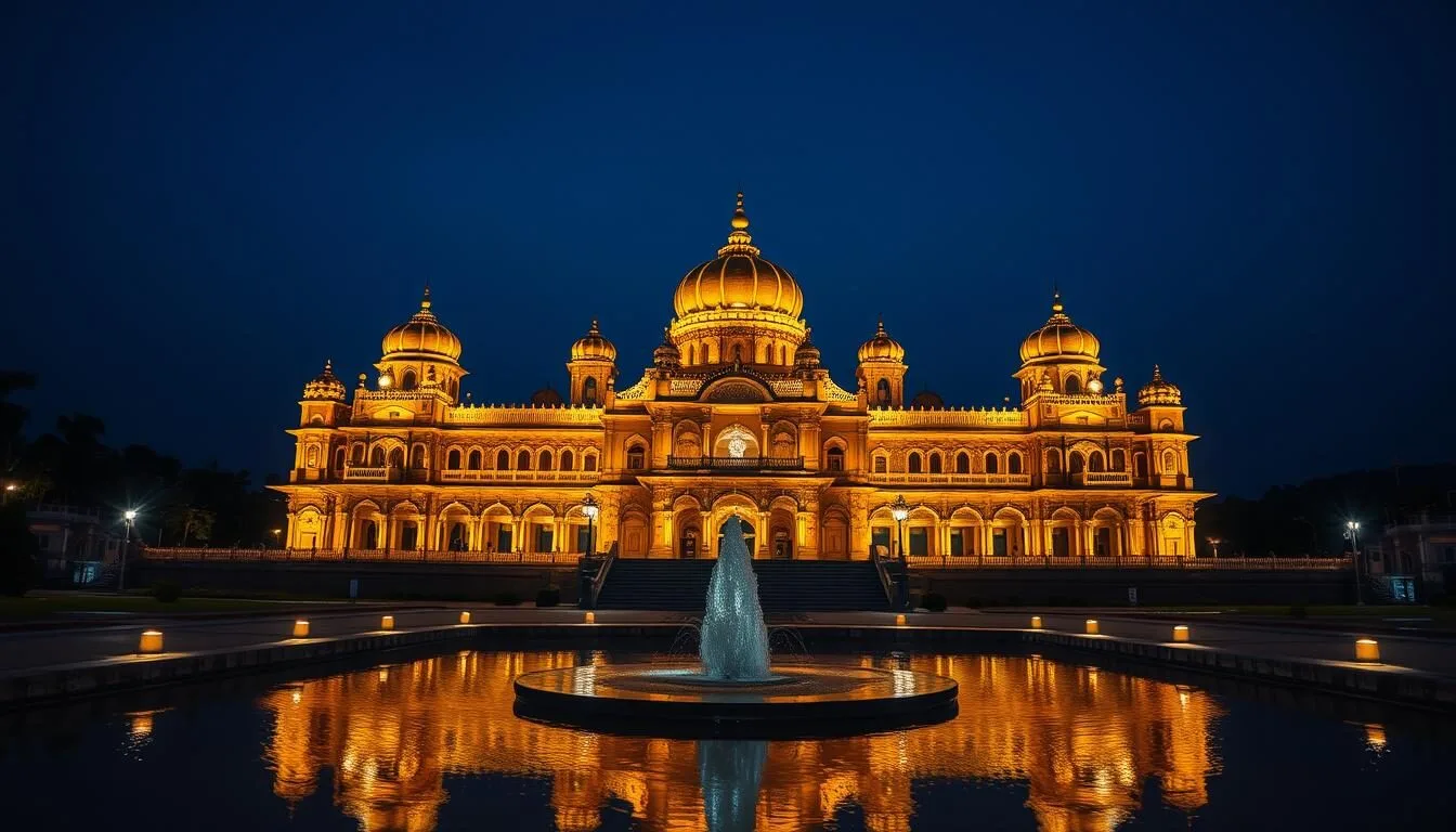 Illuminated Mysore Palace at night with all 97,000 lights glowing against the dark sky, showcasing its magnificent Indo-Saracenic architecture