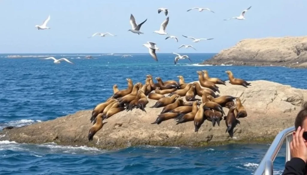 Image generation prompt: A boat tour in Ballestas Islands with sea lions and seabirds.