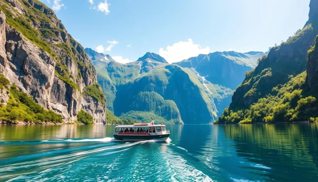 Image generation prompt: A boat tour navigating through the fjords of Lofotodden National Park