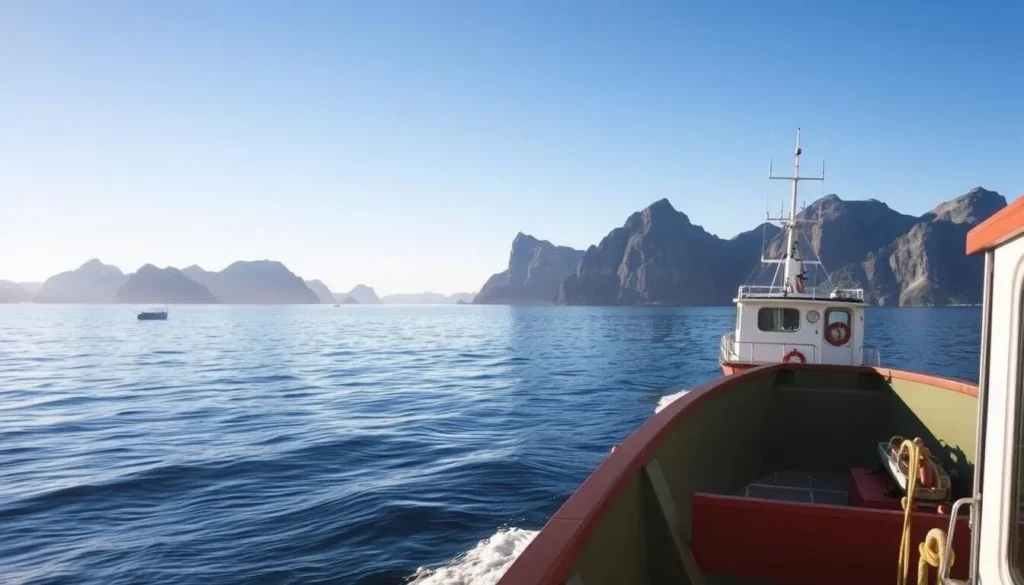 Image generation prompt: A fishing boat in the Norwegian Sea with Lofoten Islands in the background