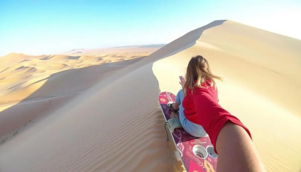 Image generation prompt: Sandboarding down a massive sand dune near Huacachina Oasis.
