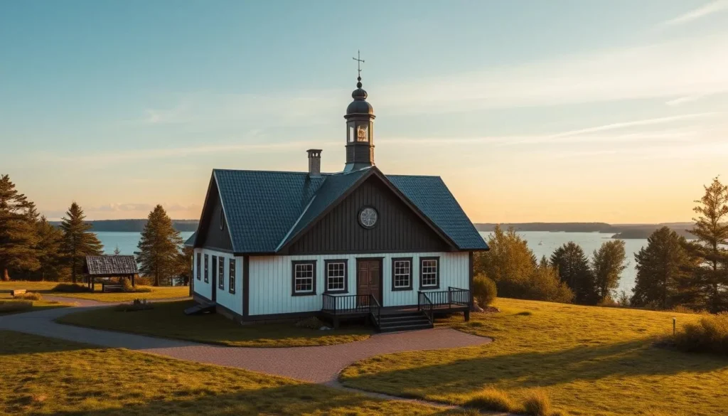 Image generation prompt: The Posio Local History Museum building surrounded by the picturesque landscape of Lake Kitkajärvi.