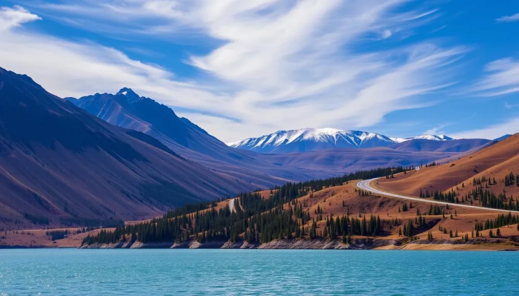 Image of Abraham Lake with the David Thompson Highway in the background