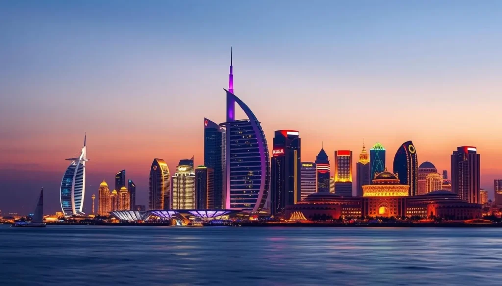 Image of Abu Dhabi's skyline decorated with UAE flags and lights