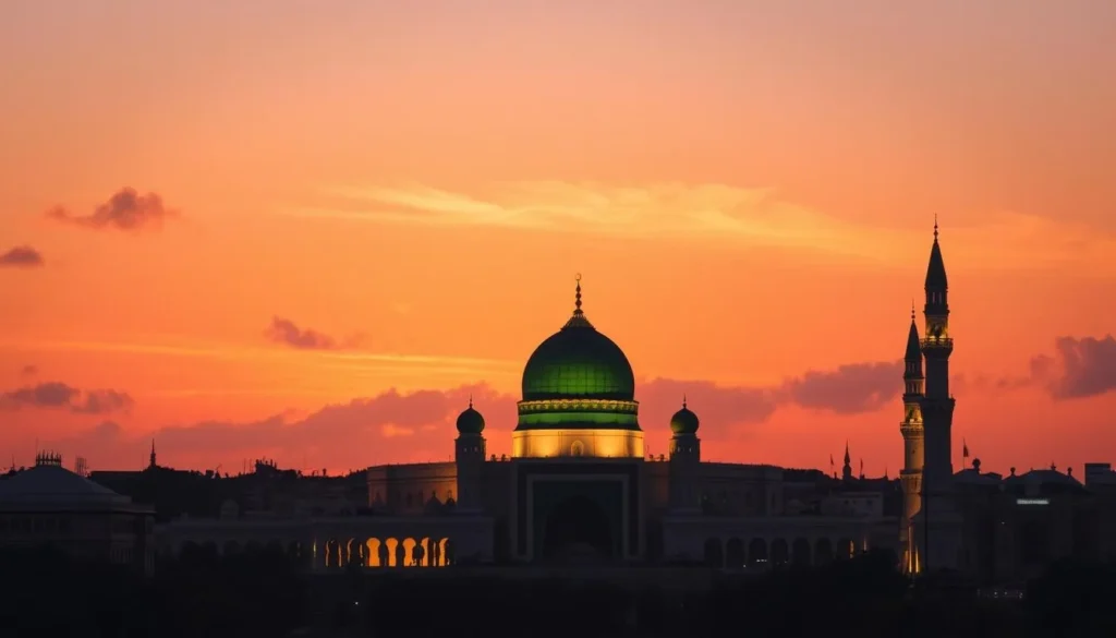 Image of Al-Masjid an-Nabawi at sunset with the Green Dome illuminated