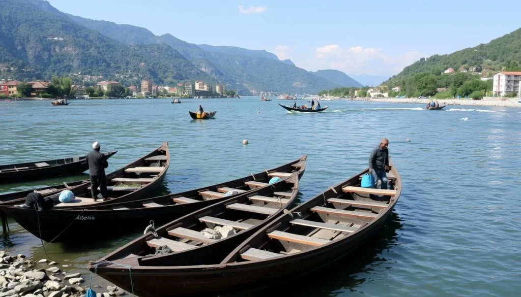 Image of Albina's riverside with traditional boats and local fishermen