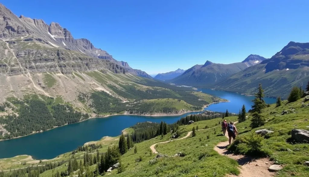 Image of Alice Lake with hikers on the trail.