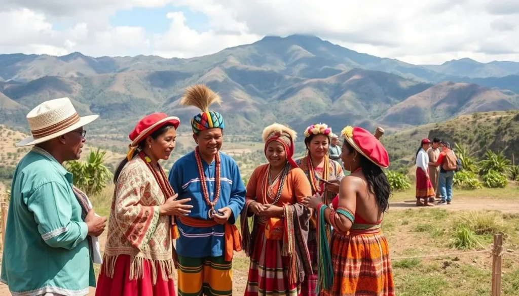 Image of Amantani Island with locals and visitors participating in a cultural activity