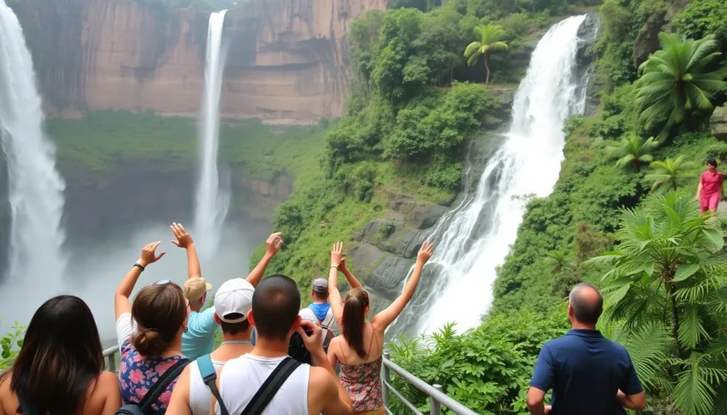 Image of Angel Falls with a tour group approaching the falls