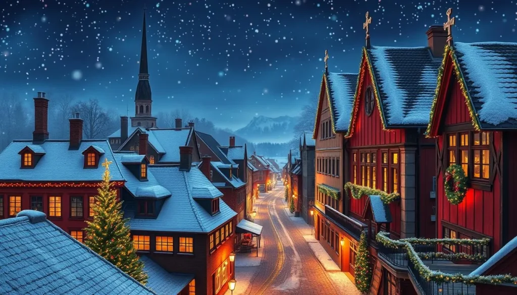 Image of Arendal's historic district decorated for Christmas with snow