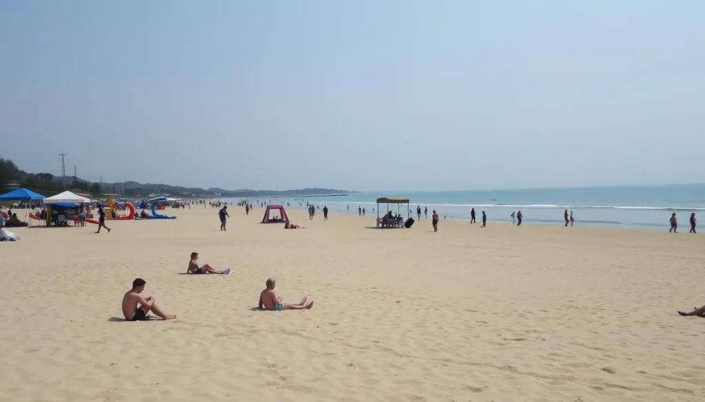 Image of Austerøra Beach with families enjoying the facilities