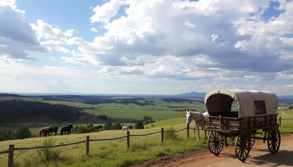 Image of Baker Ranch landscape with horse-drawn wagon ride