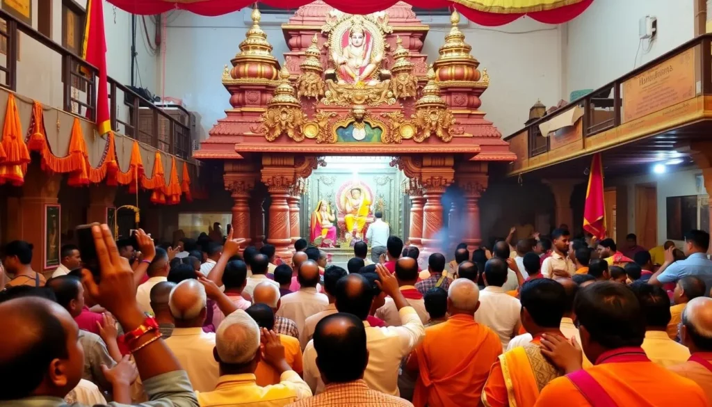 Image of Bala Hanuman Temple with devotees chanting