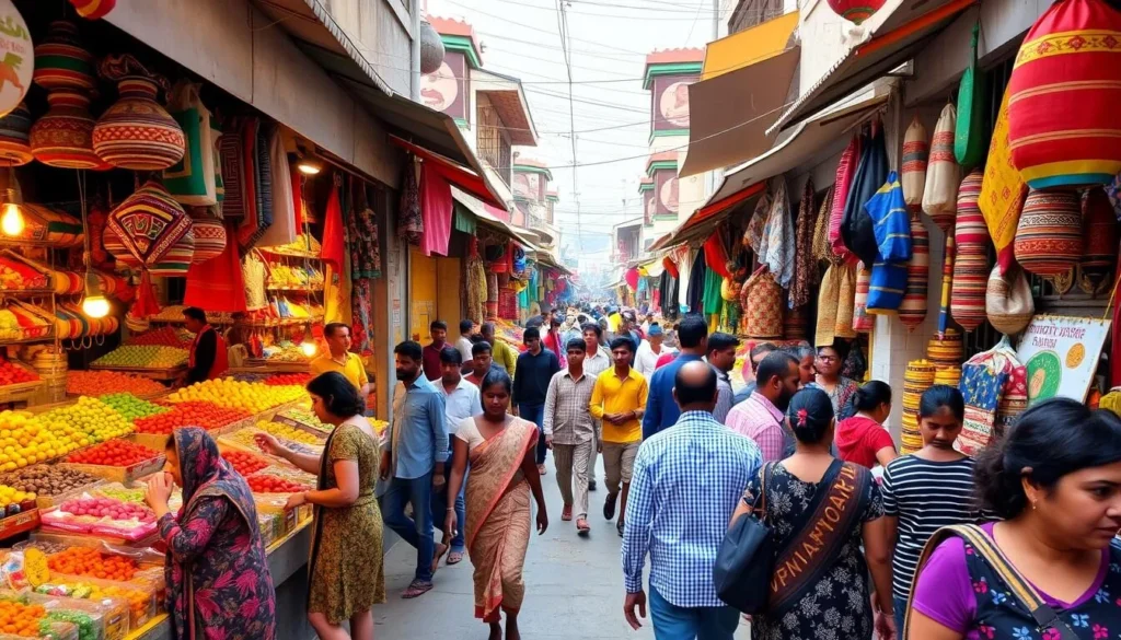 Image of Benachity market with shoppers browsing through stalls