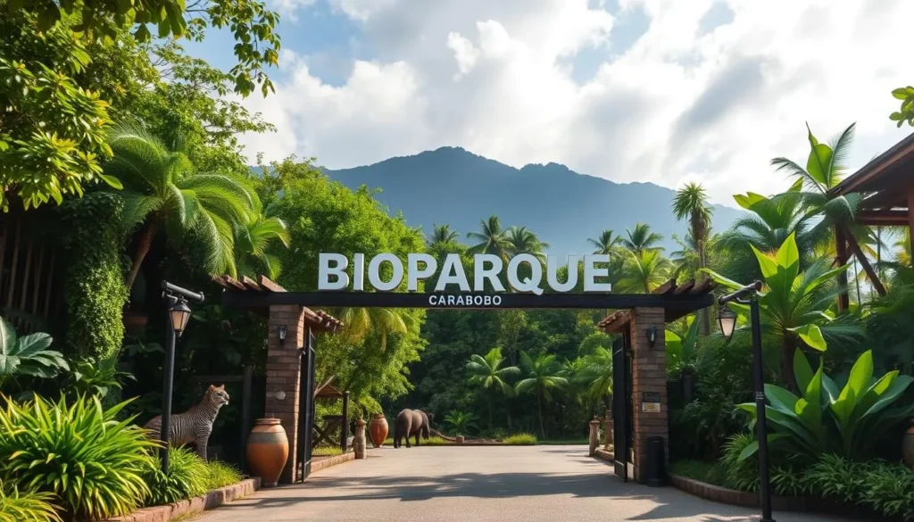 Image of Bioparque Carabobo's entrance with lush greenery and a variety of animals in the background
