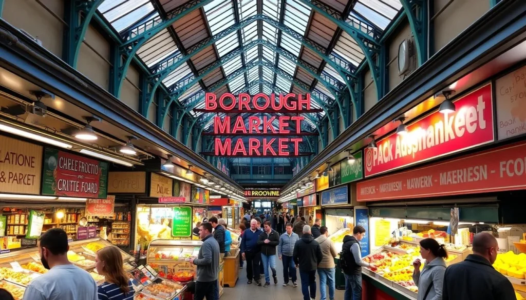 Image of Borough Market's bustling interior with various food stalls