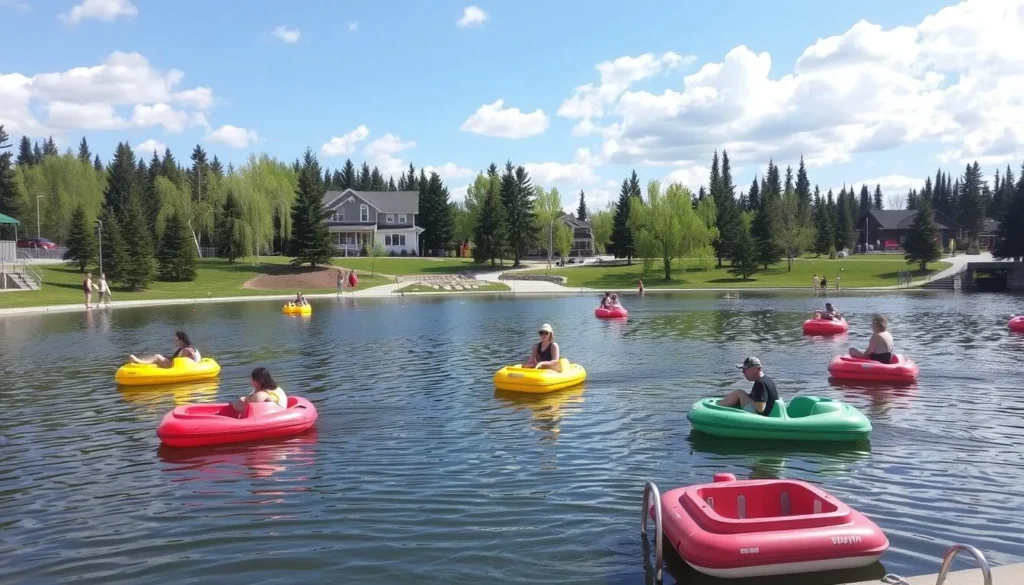Image of Bower Ponds Recreation Area in Red Deer, Alberta, with paddle boats and people enjoying the scenery.